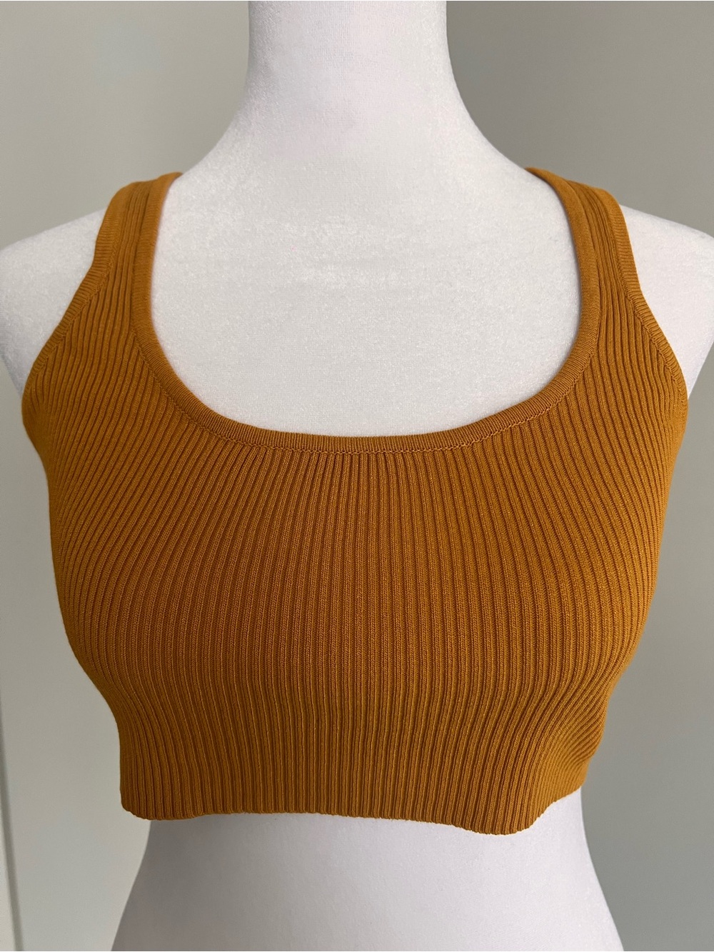 Fashion Nova Ribbed Scoop Crop Tank in Mustard Brown